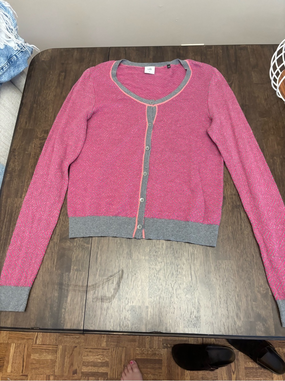CAbi Pink Cardigan with Gray Trim